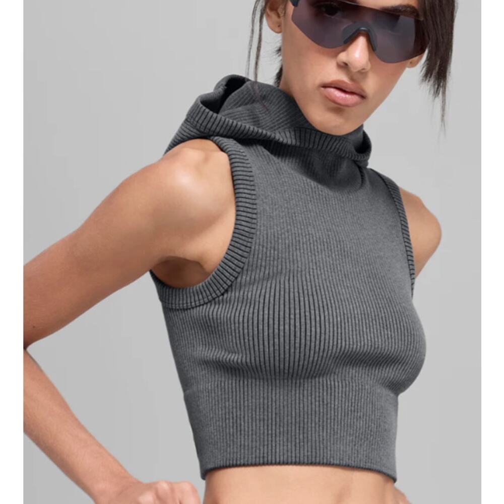 Alo Yoga Seamless Two Tone Rib Hooded Vest Gray Heather Size S NWT W2816R - Picture 6 of 8